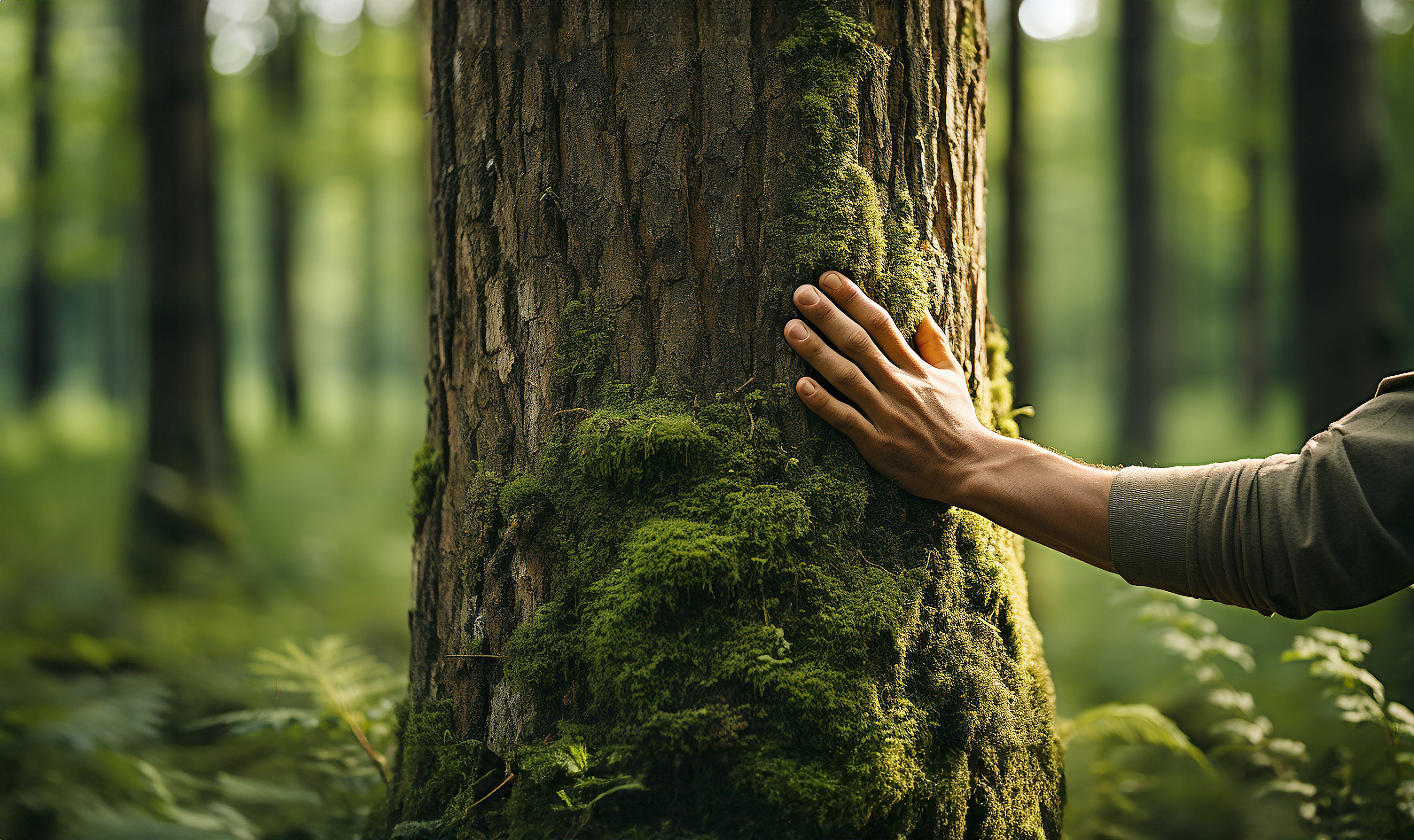 Hand an einem bemoosten Baumstamm im Wald